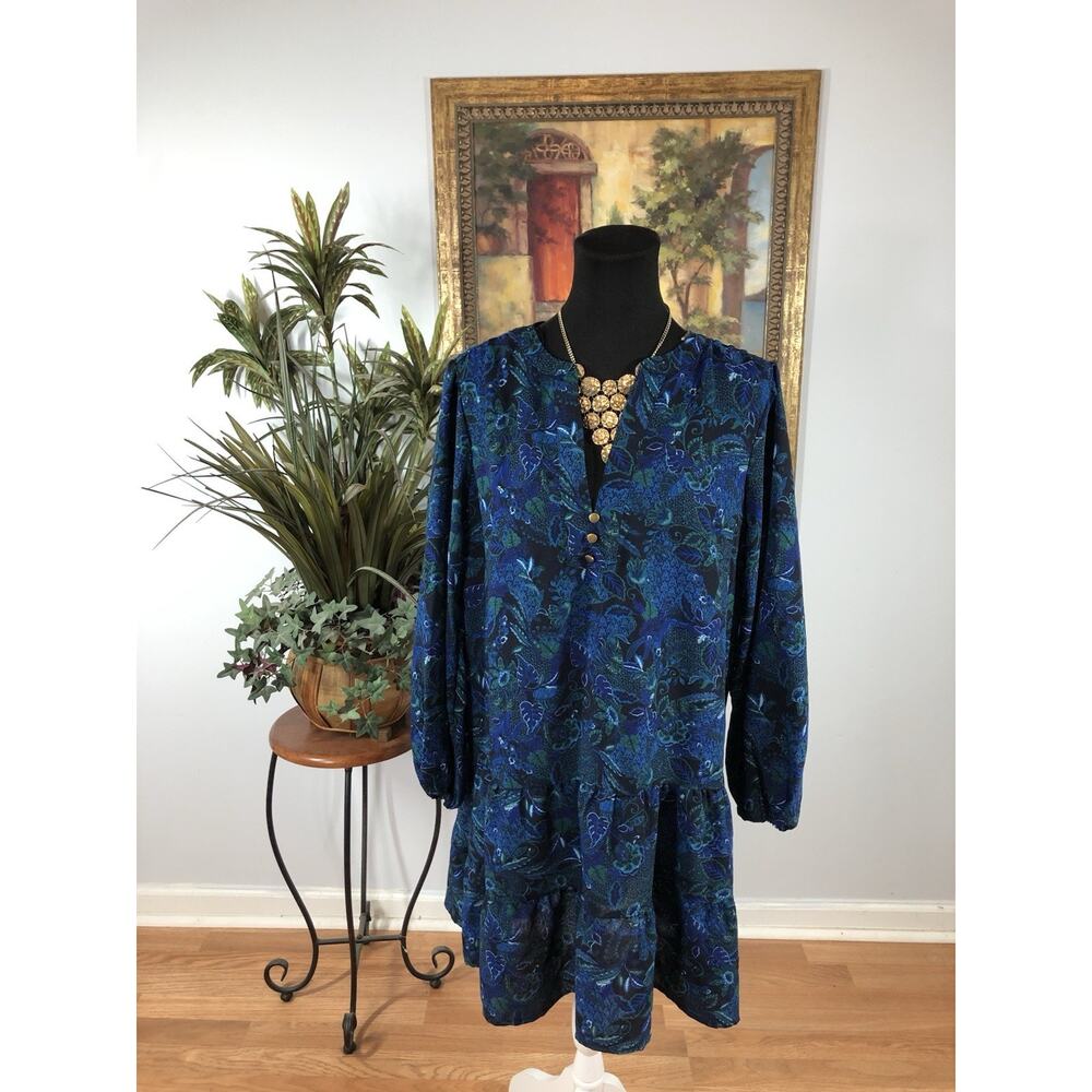 True Times Women’s Dress Large Blue Floral Tiered Long Sleeve‎ Boho Resort Wear